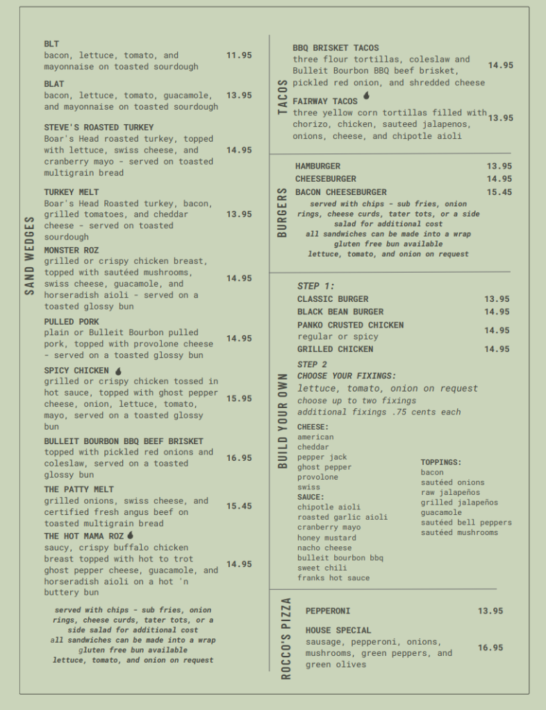 Menu - Oak Marsh Golf Course